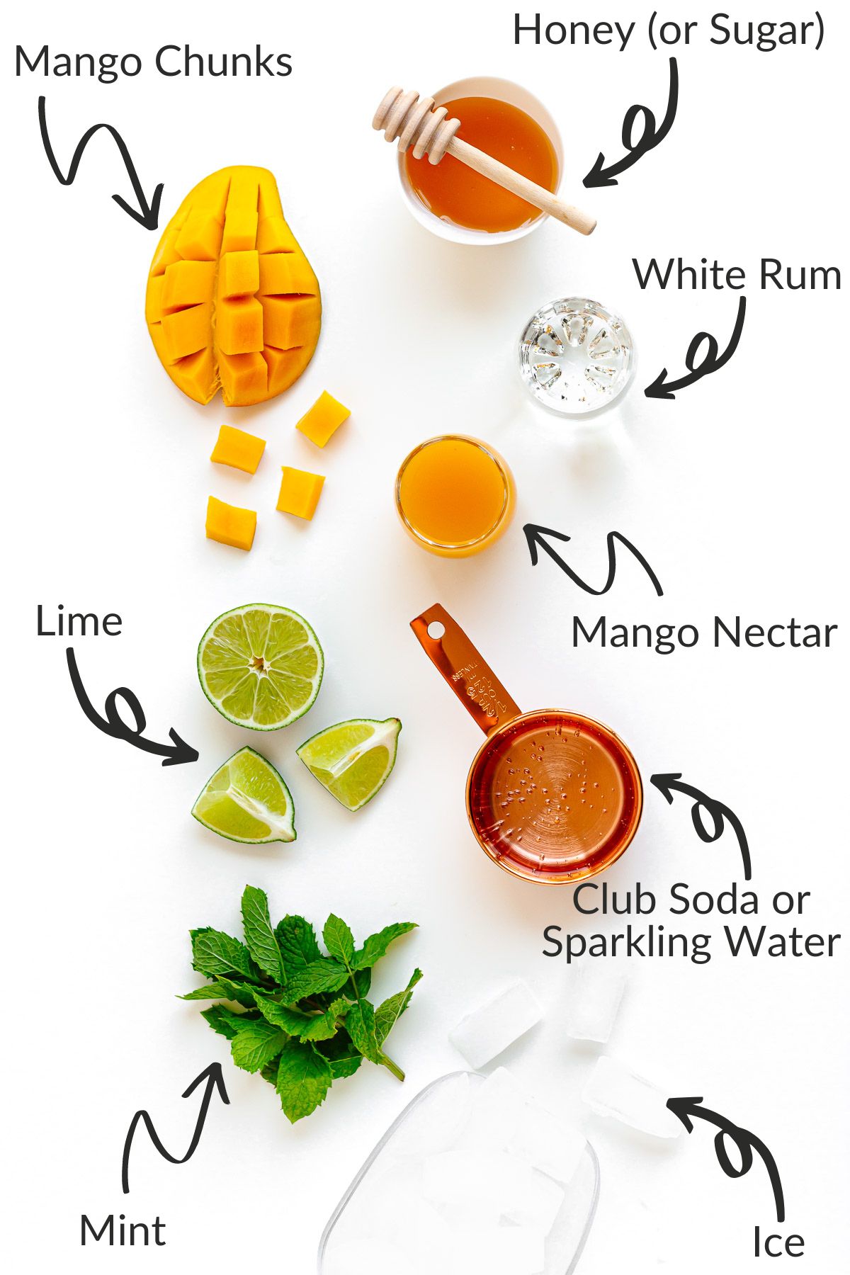 Labelled photo of ingredients needed to make a mango mojito.