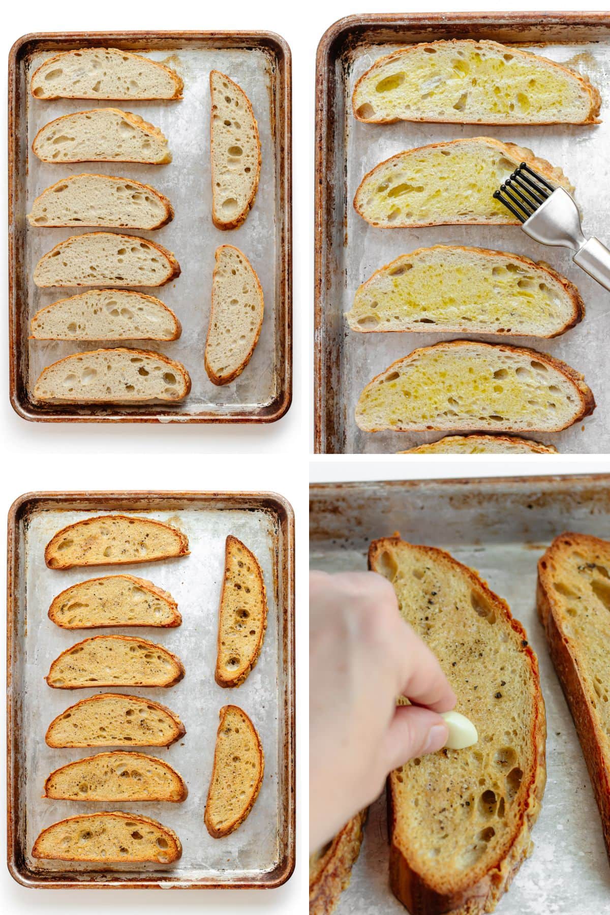 Photo collage showing bread being prepared for bruschetta.