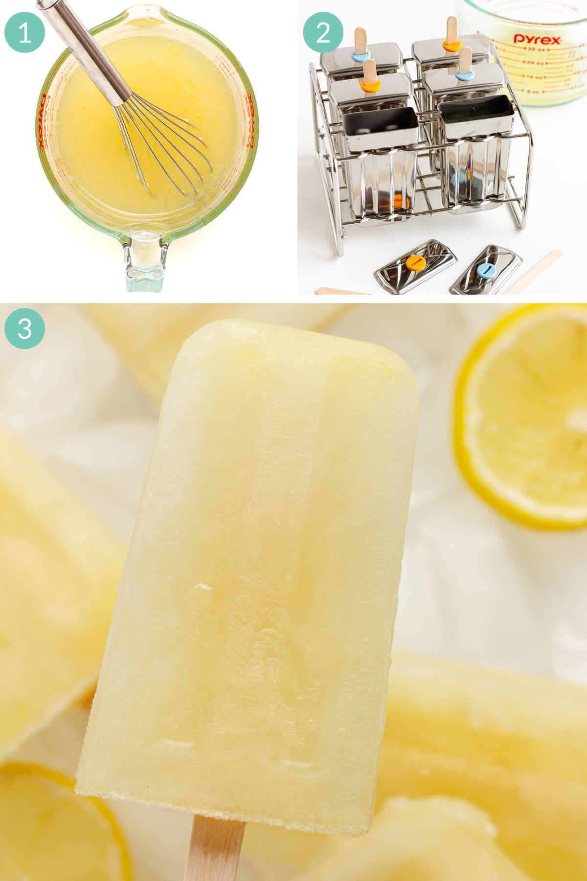 Numbered photo collage showing how to make lemonade popsicles.