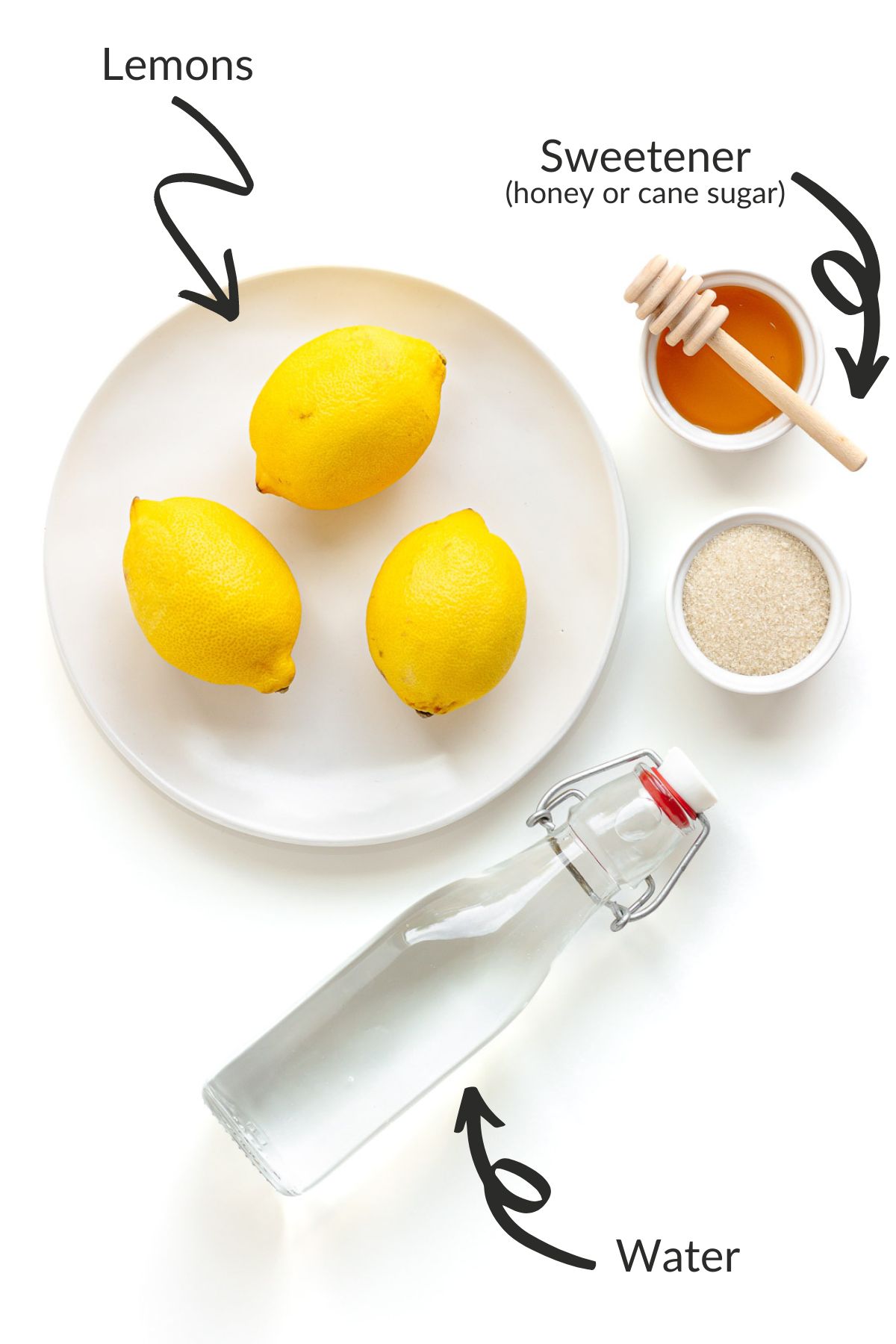 Labelled photo of ingredients needed to make lemonade popsicles.