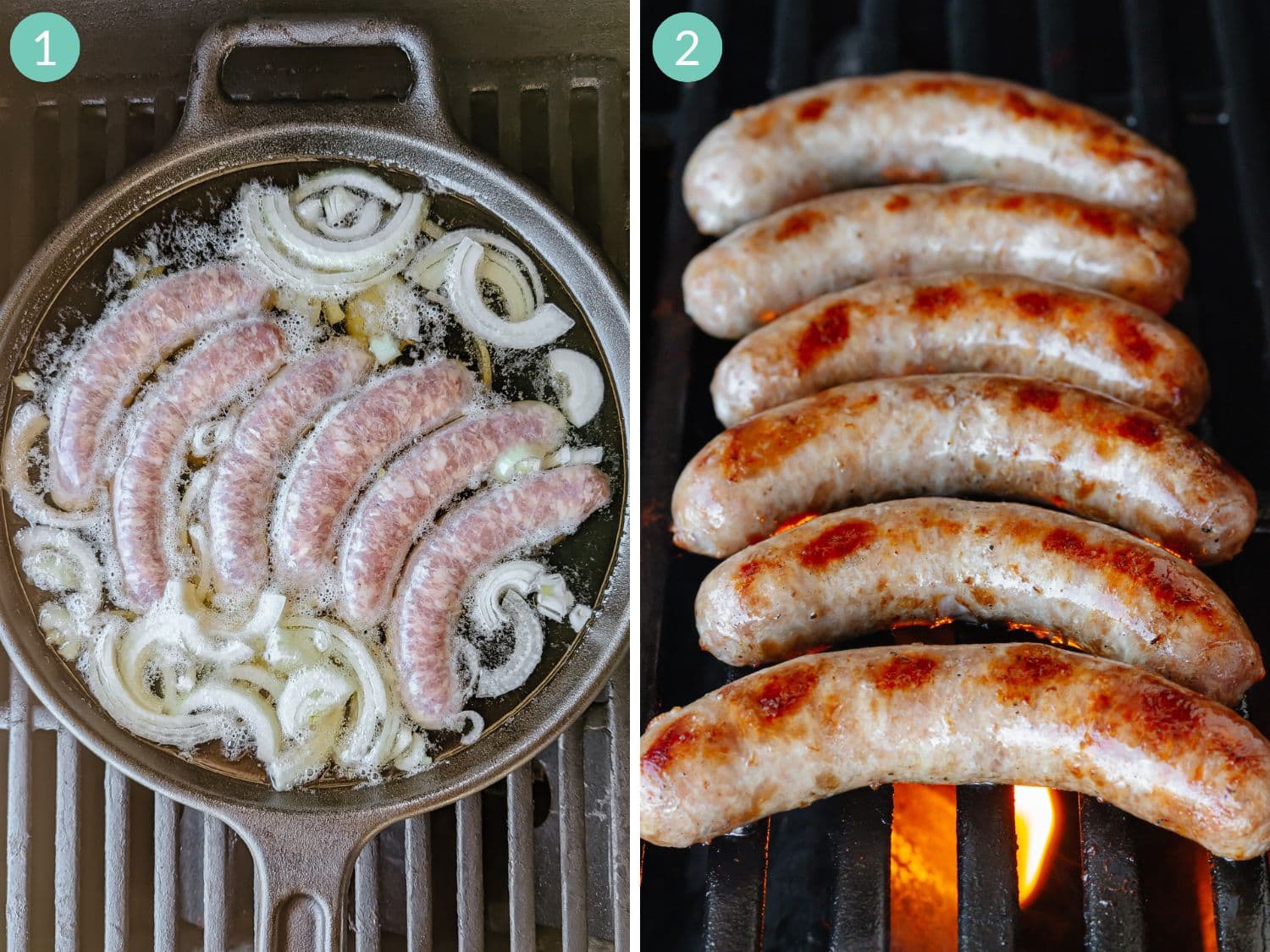 Numbered photo collage showing the simmer and grill method for cooking brats.