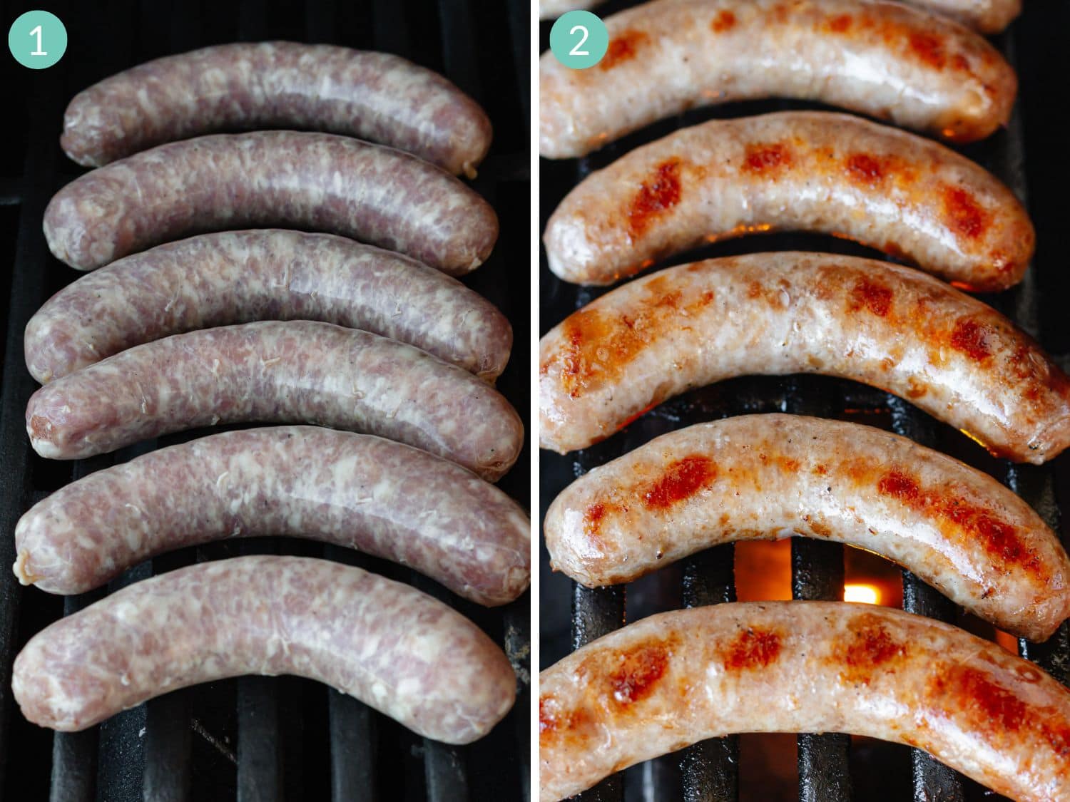 Numbered photo collage showing the two-zone grill method for grilling bratwurst.