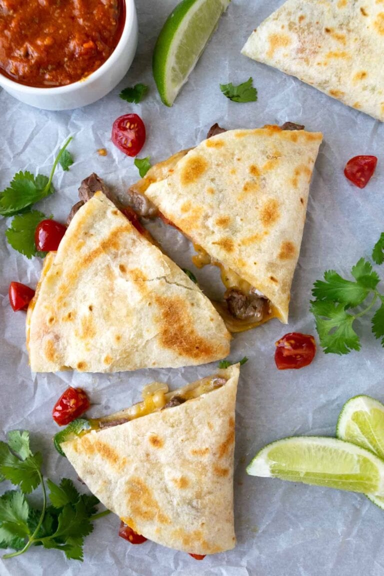 Sliced up carne asada quesadillas.