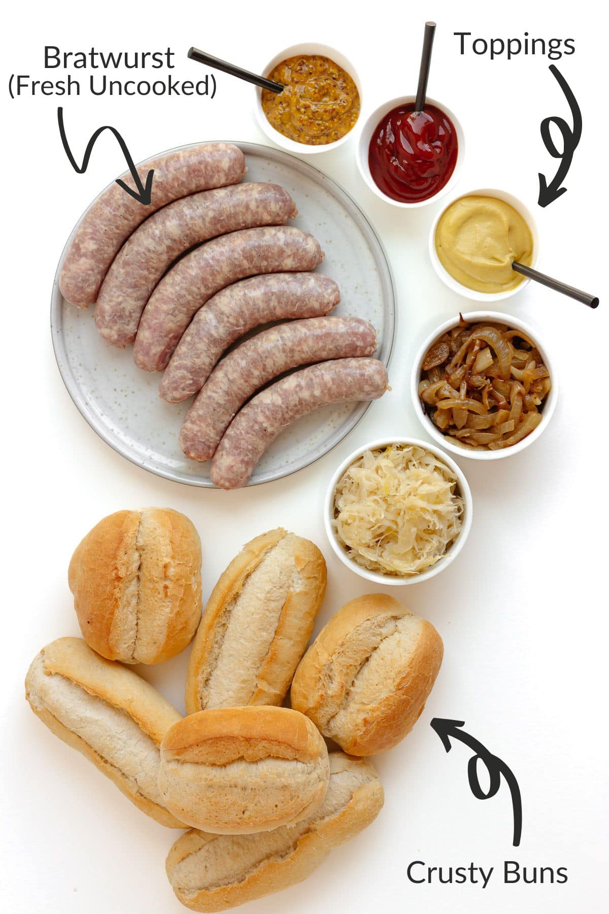Labelled photo of grilled bratwurst ingredients.
