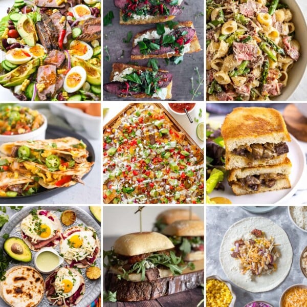 Photo collage of leftover steak recipes.