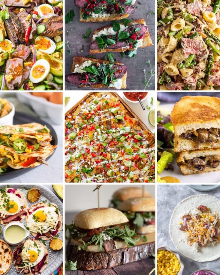Photo collage of leftover steak recipes.