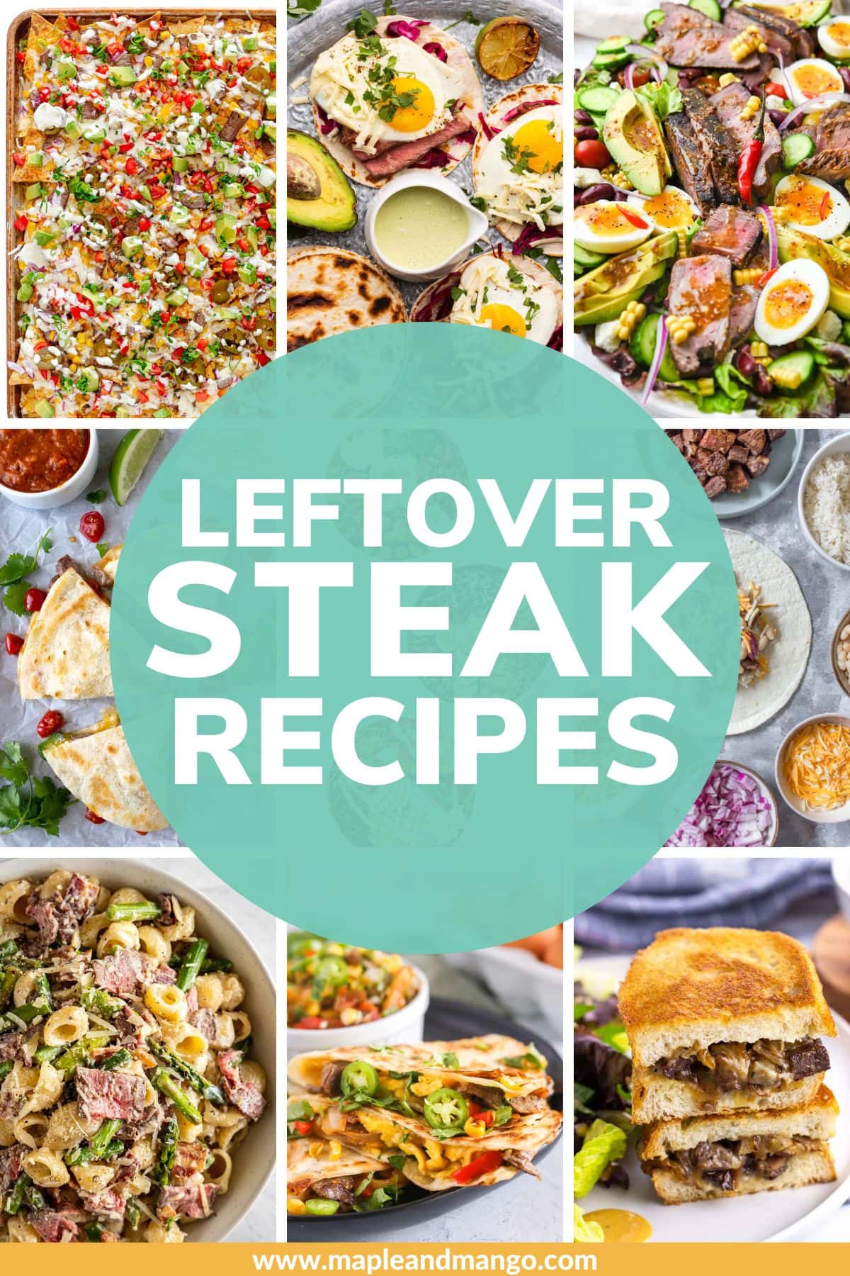 Photo collage of recipes with steak and text overlay that reads "Leftover Steak Recipes".