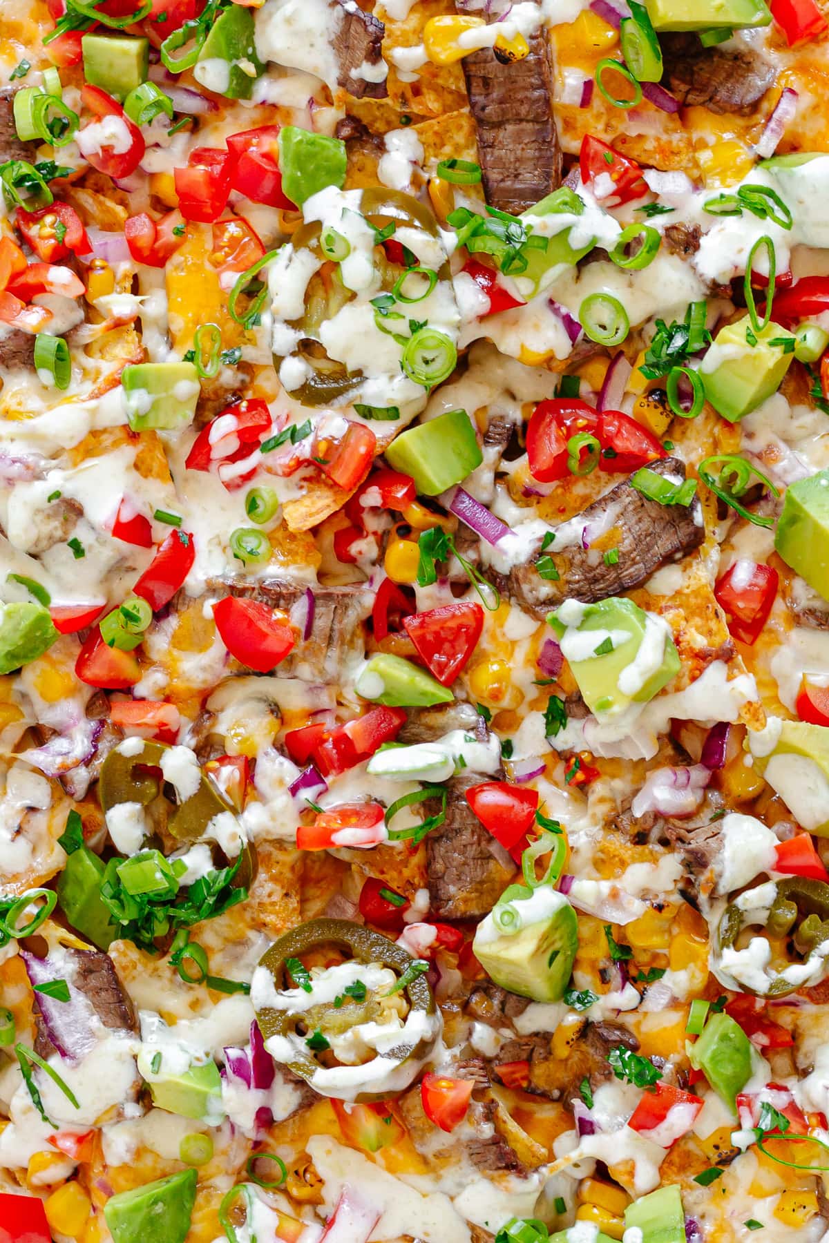 Closeup of loaded steak nachos.