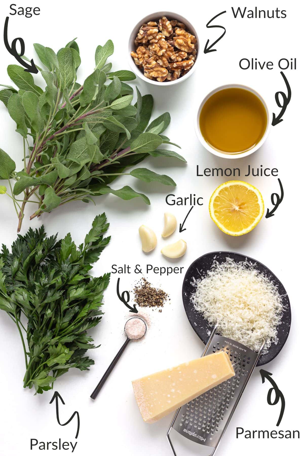 Labelled photo of ingredients needed to make sage pesto.
