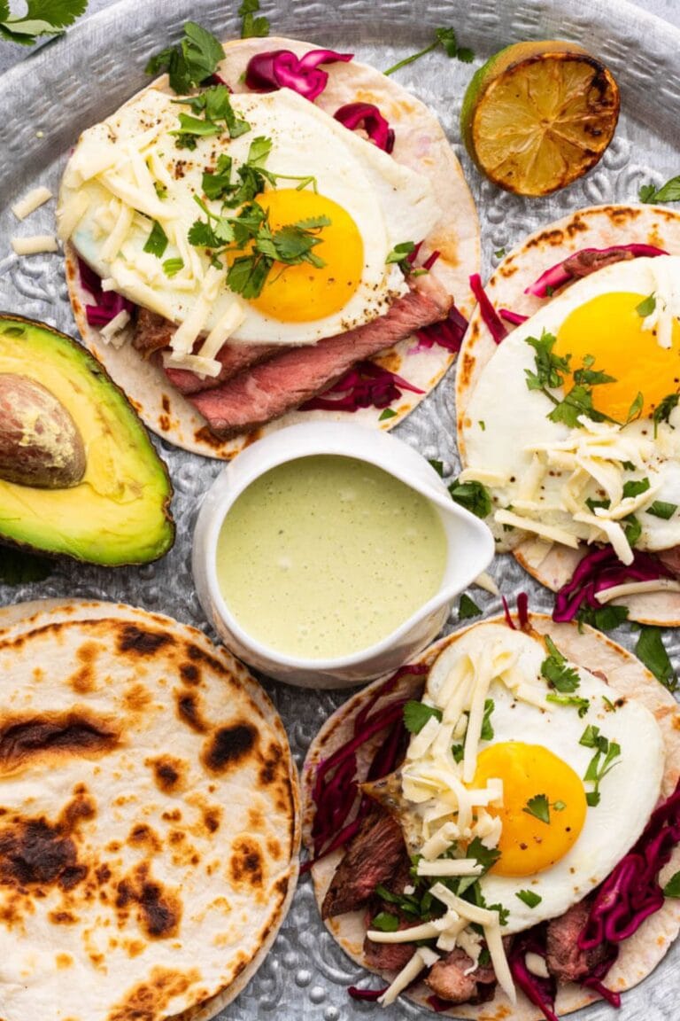 Platter of steak and egg tacos.