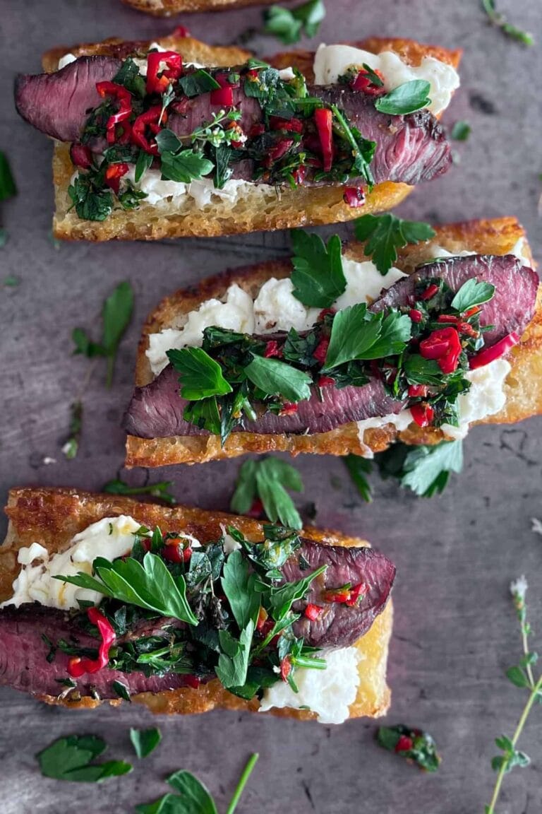 Three steak and burrata bruschetta.