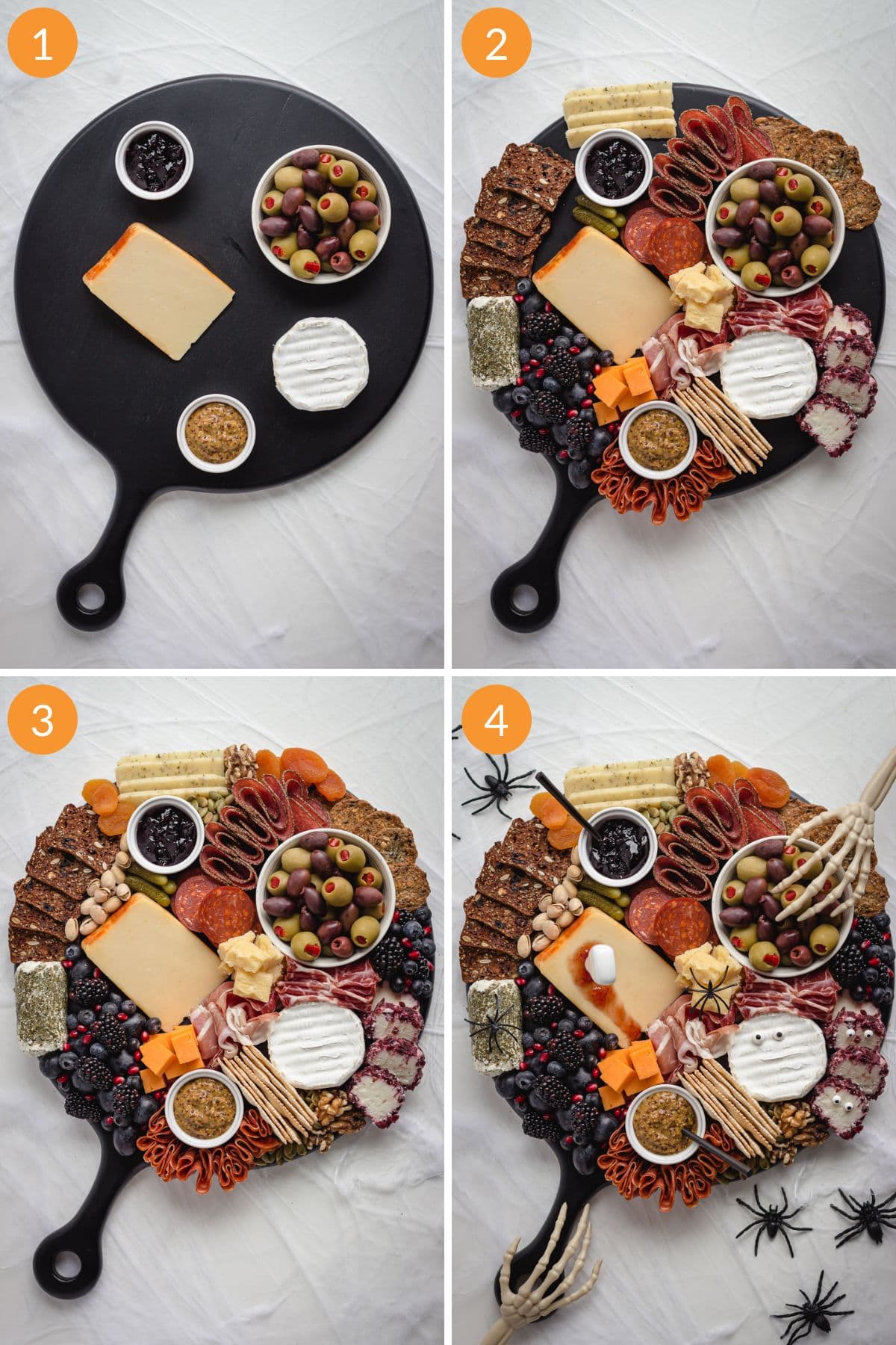Numbered photo collage showing a Halloween charcuterie board being assembled.