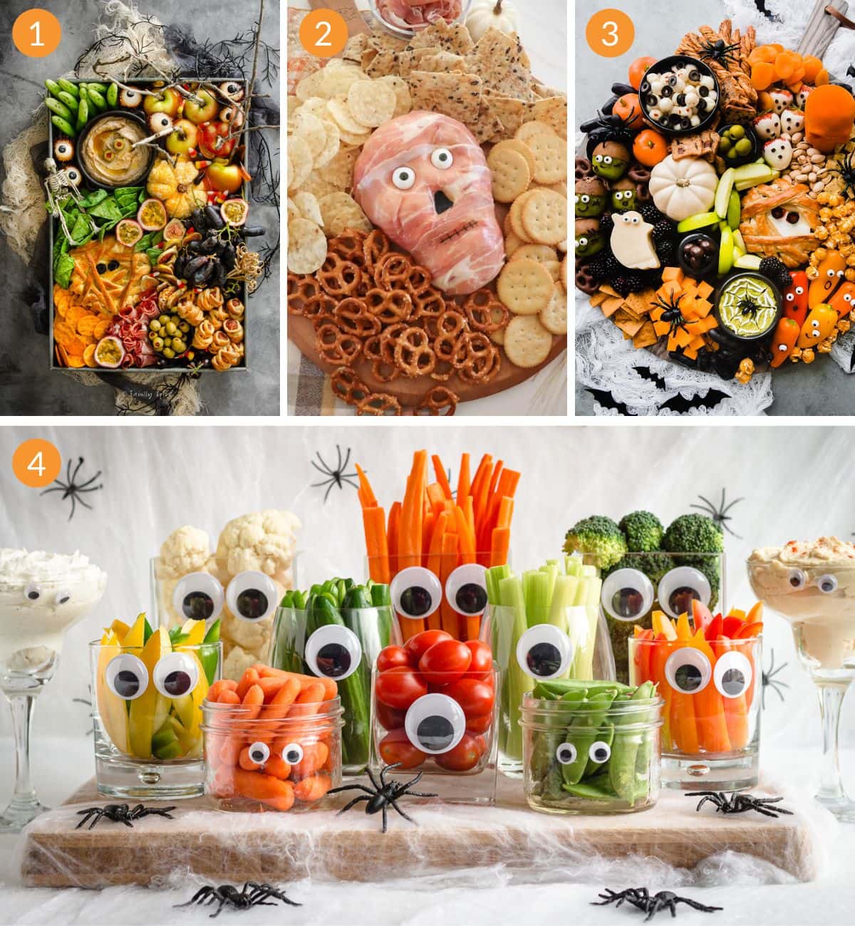 Numbered photo collage of Halloween charcuterie board ideas.