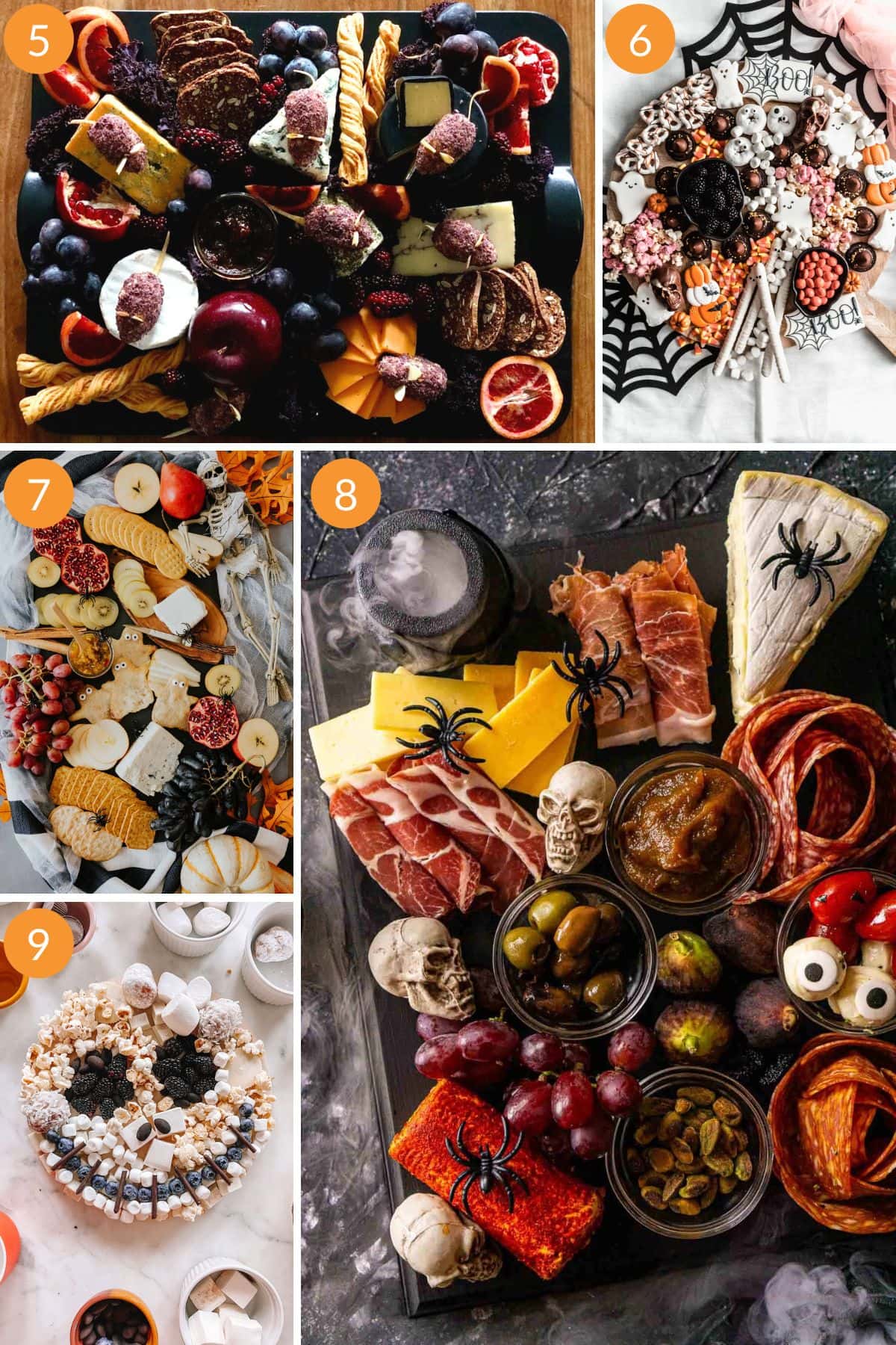 Numbered photo collage of Halloween themed charcuterie boards.