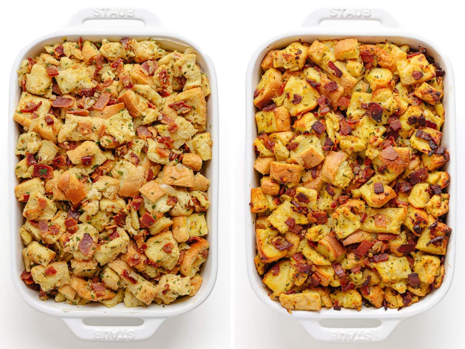 Photo collage showing casserole dish of stuffing before and after being baked.