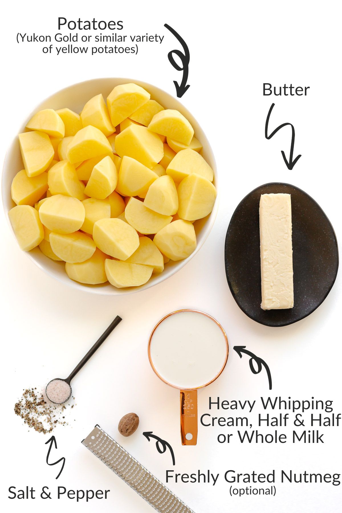 Labelled photo of ingredients needed to make creamy mashed potatoes.