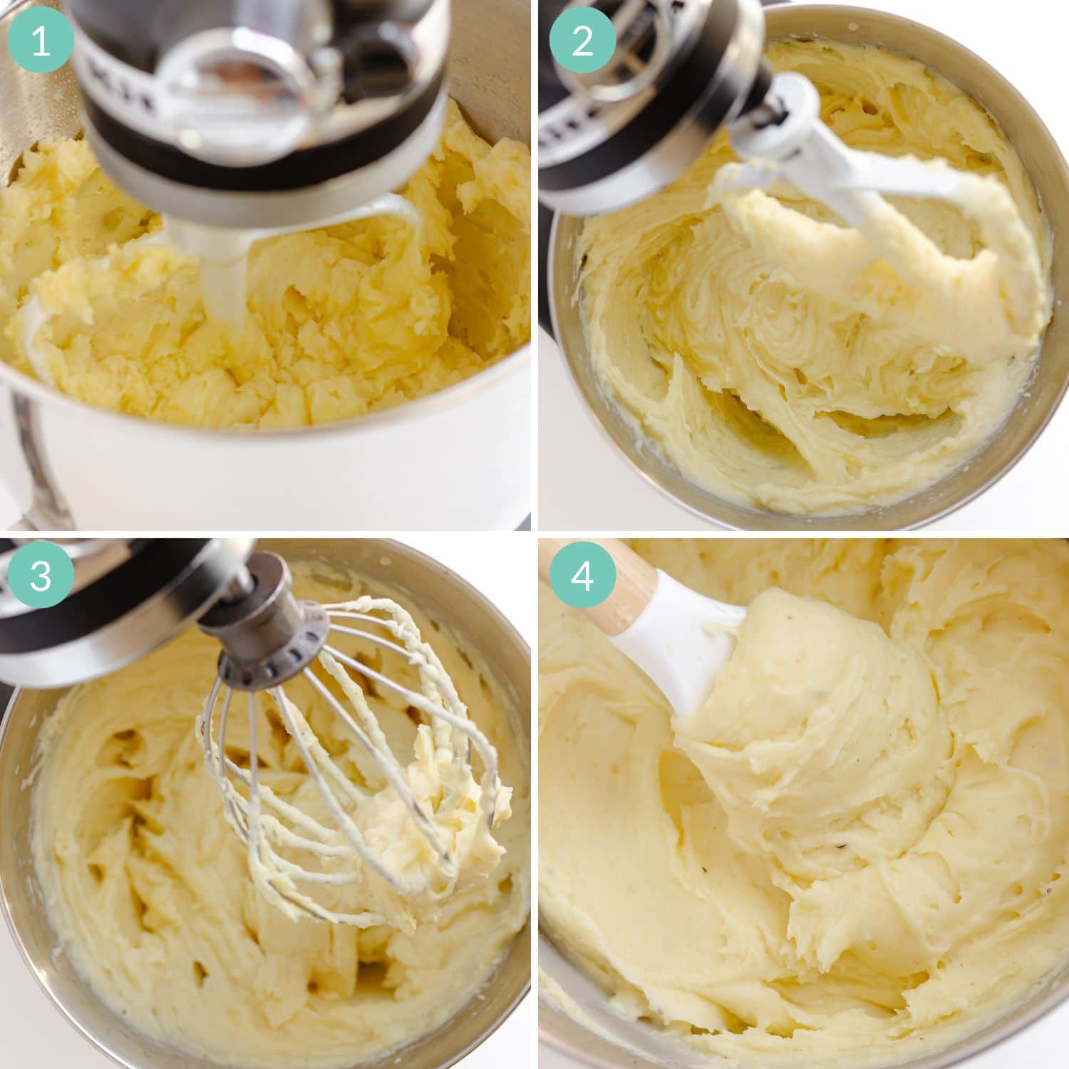 Photo collage showing mashed potatoes being made in a KitchenAid stand mixer.