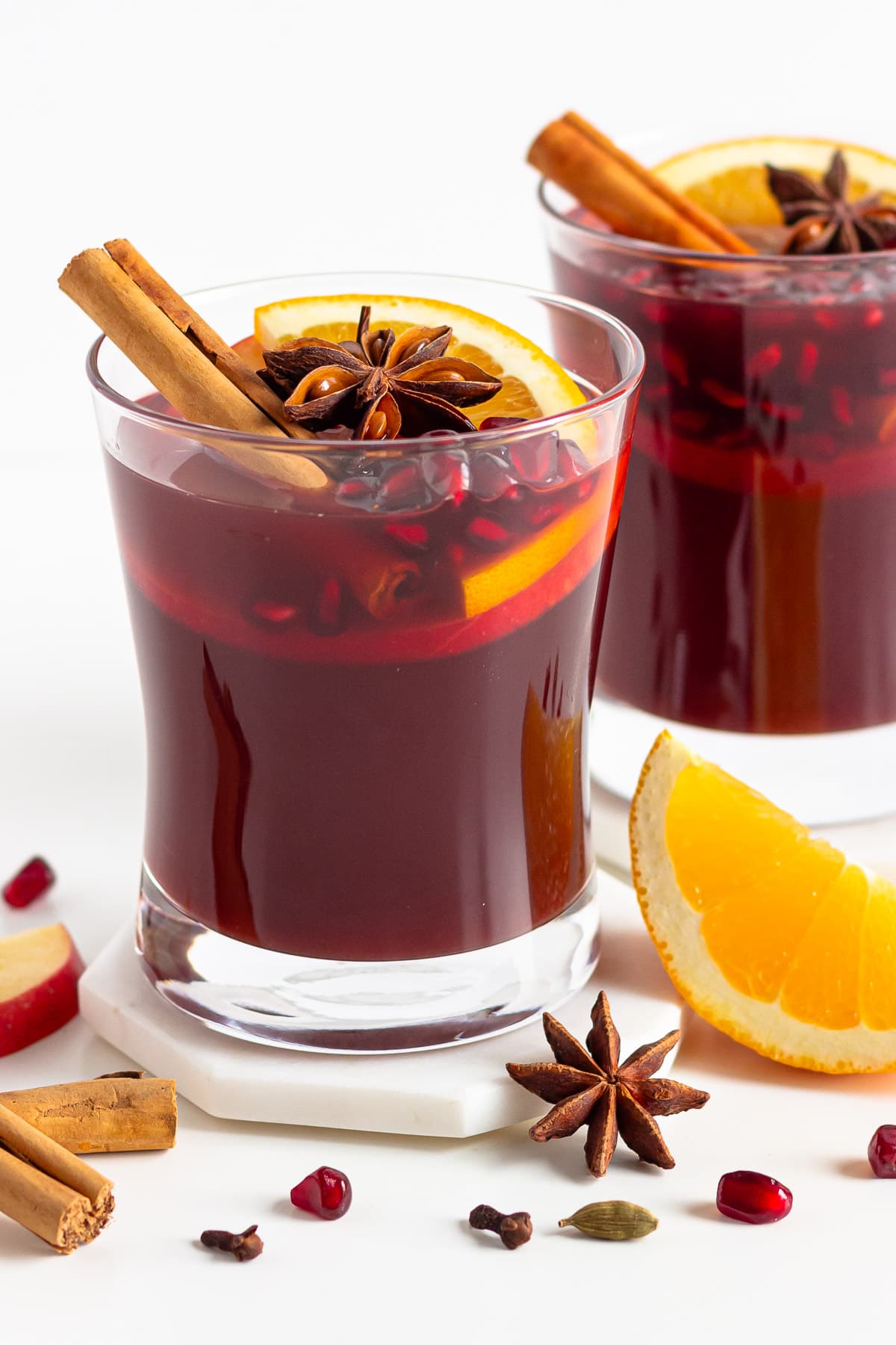 Two glasses of non alcoholic mulled wine (Kinderpunsch).