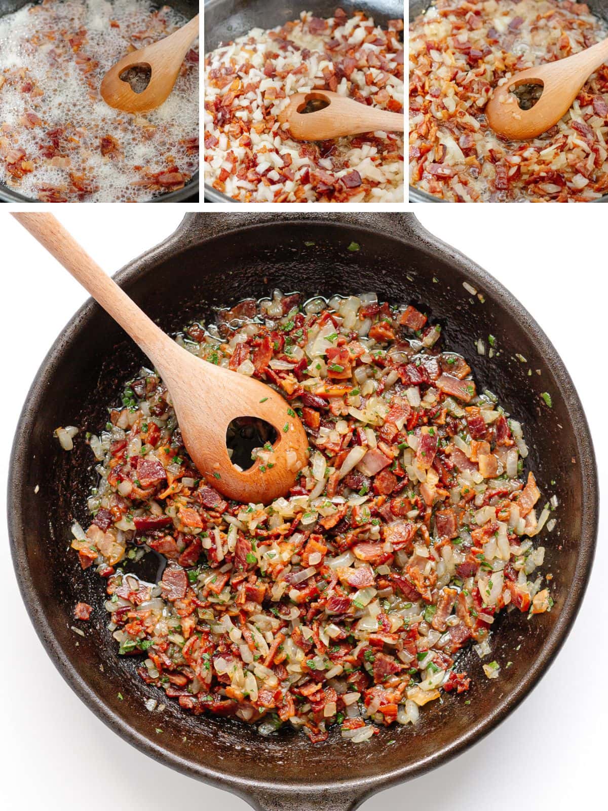 Photo collage showing stages of the bacon, onion and sage mixture being sauteed for stuffing.