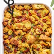 Pinterest graphic for sage and onion stuffing with bacon.