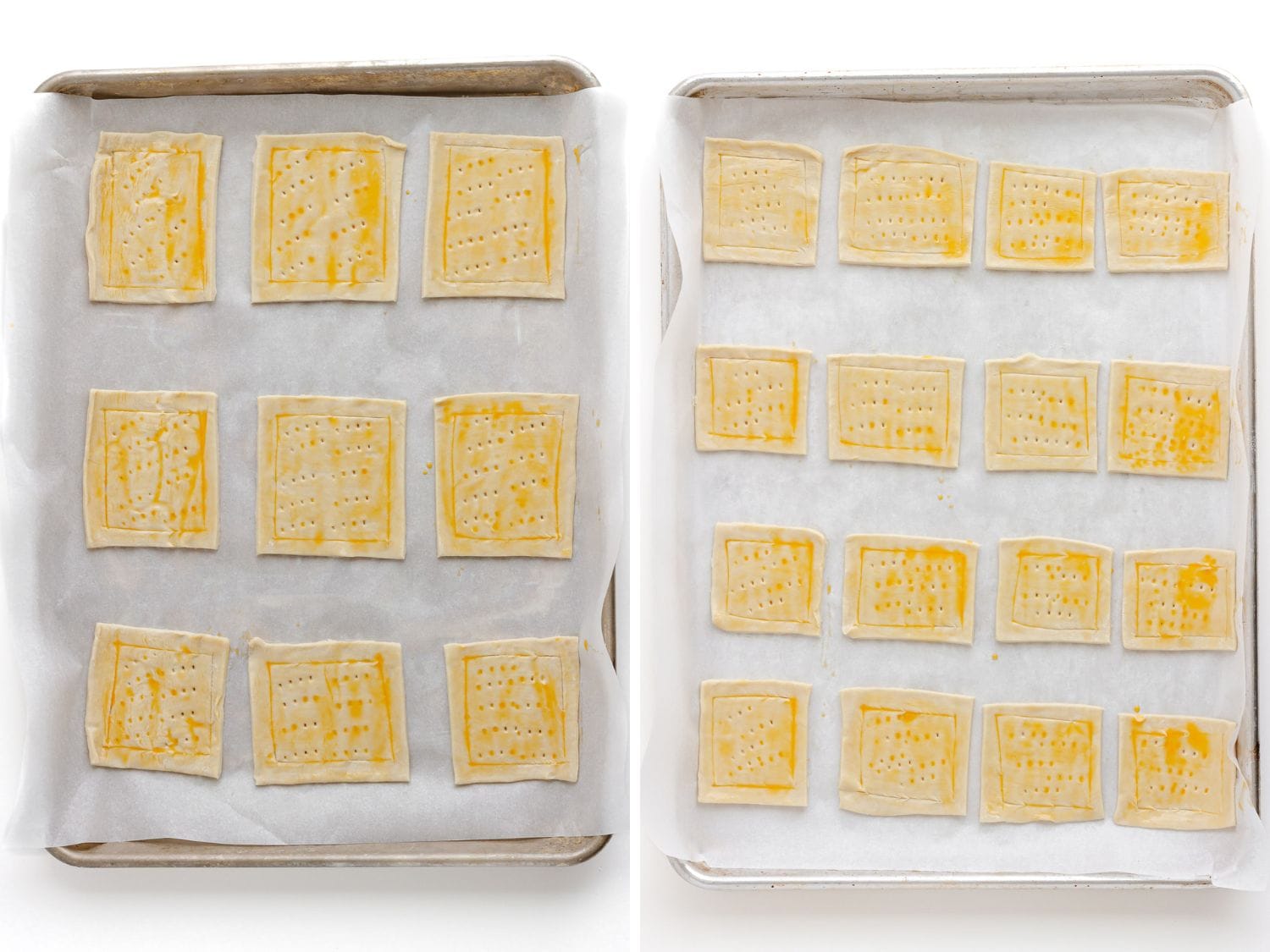 Photo collage showing different sizes of puff pastry squares on lined baking sheets for prebaking.