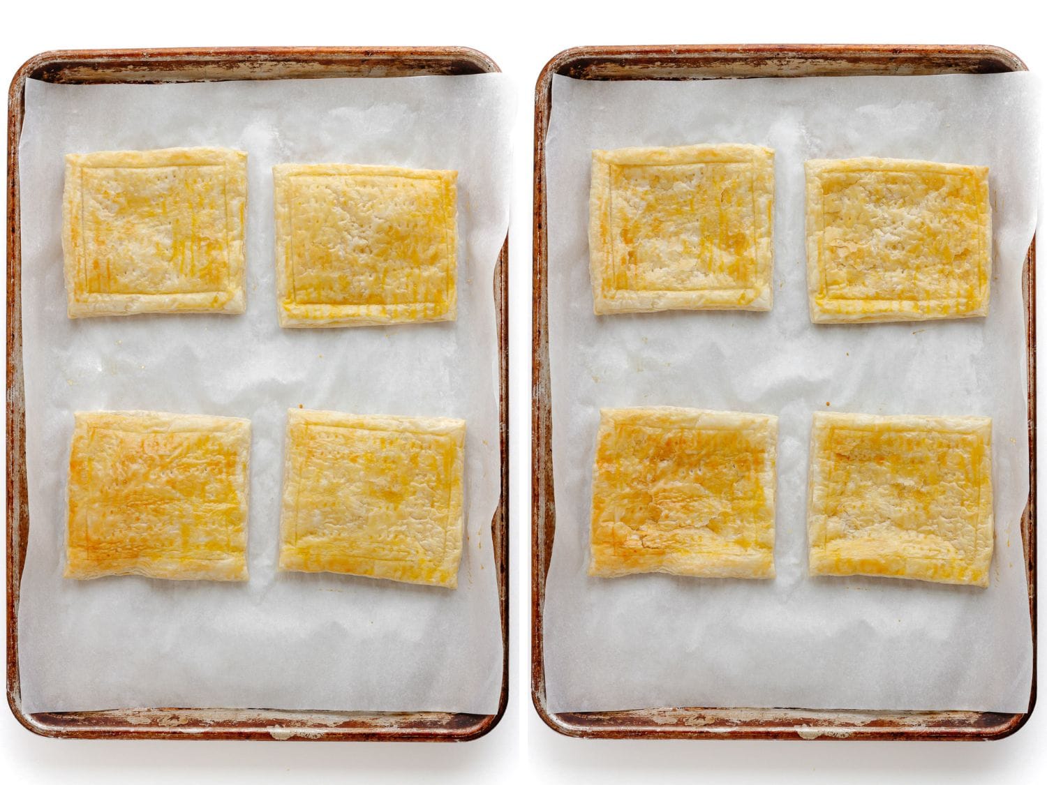 Pre-baked puff pastry squares on a lined baking sheet ready to make pizza with.