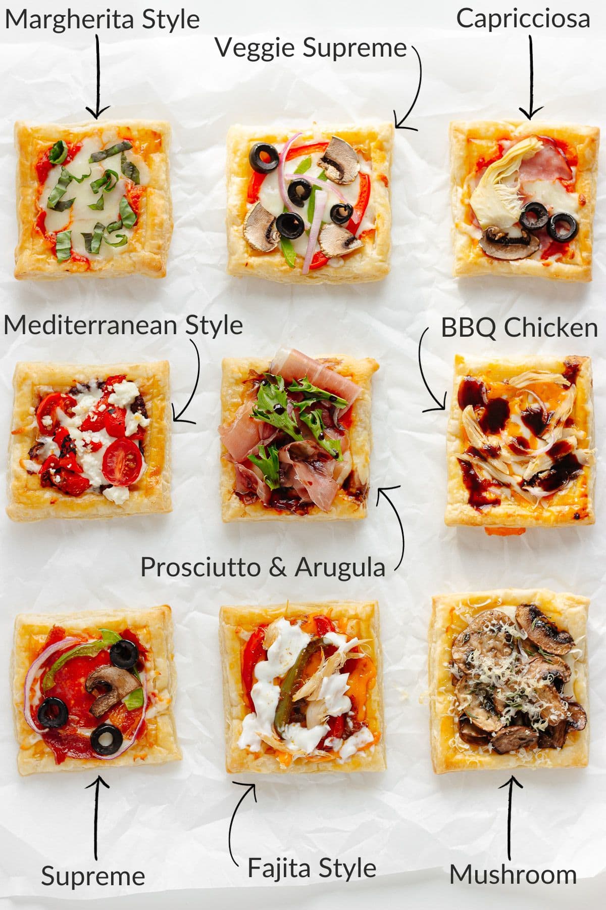 Labelled photo of nine different topping options for puff pastry pizza.
