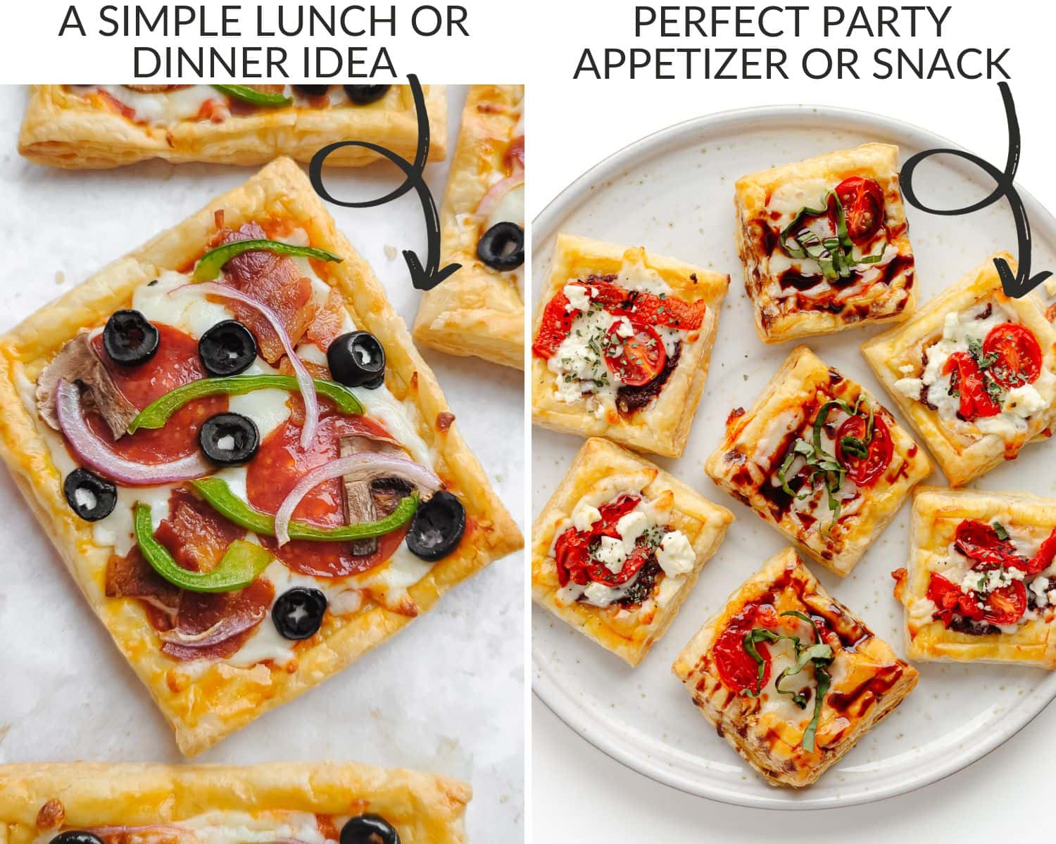 Photo collage graphic showing two different ways to serve puff pastry pizza, as a simple lunch or dinner or as an appetizer.