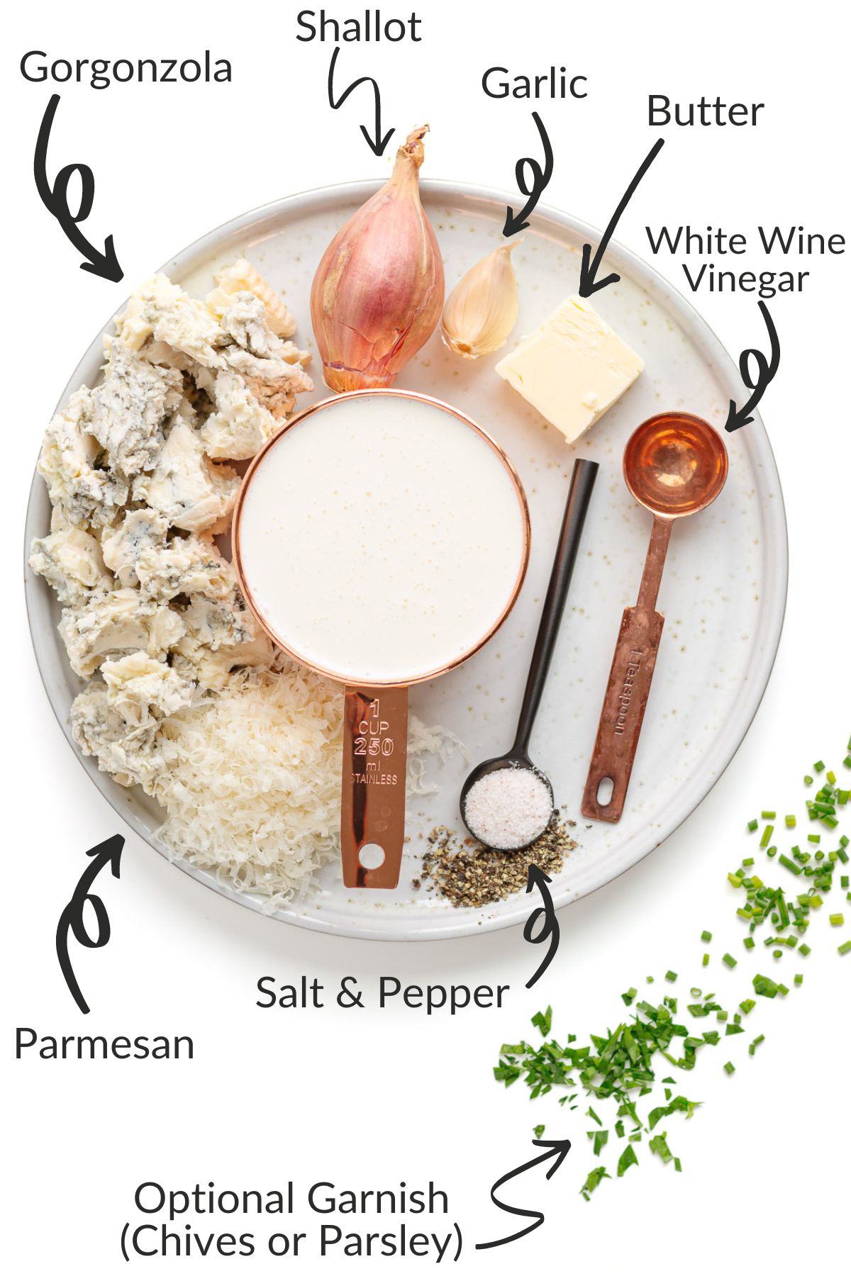 Labelled photo of ingredients needed to make gorgonzola sauce.