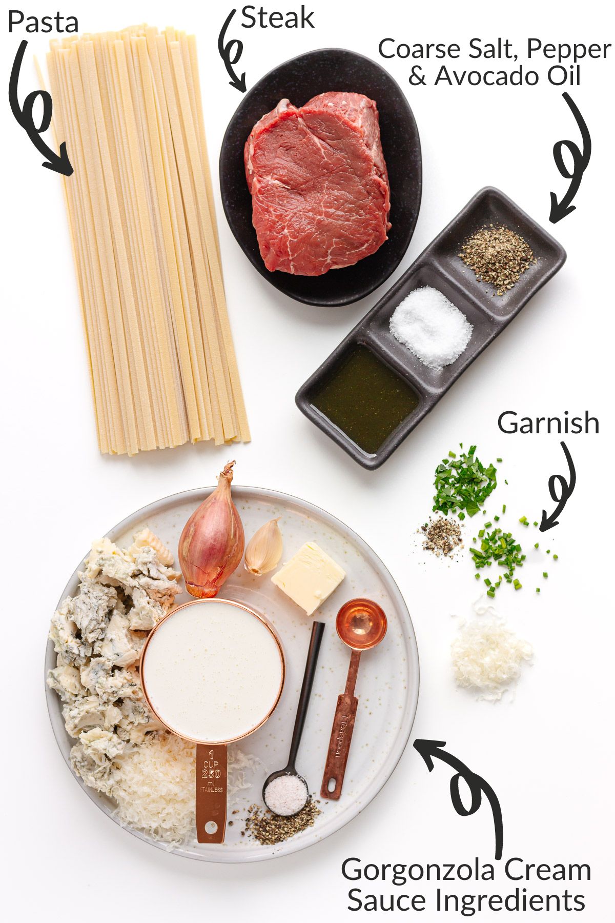 Labelled photo of ingredients needed to make creamy steak gorgonzola pasta.