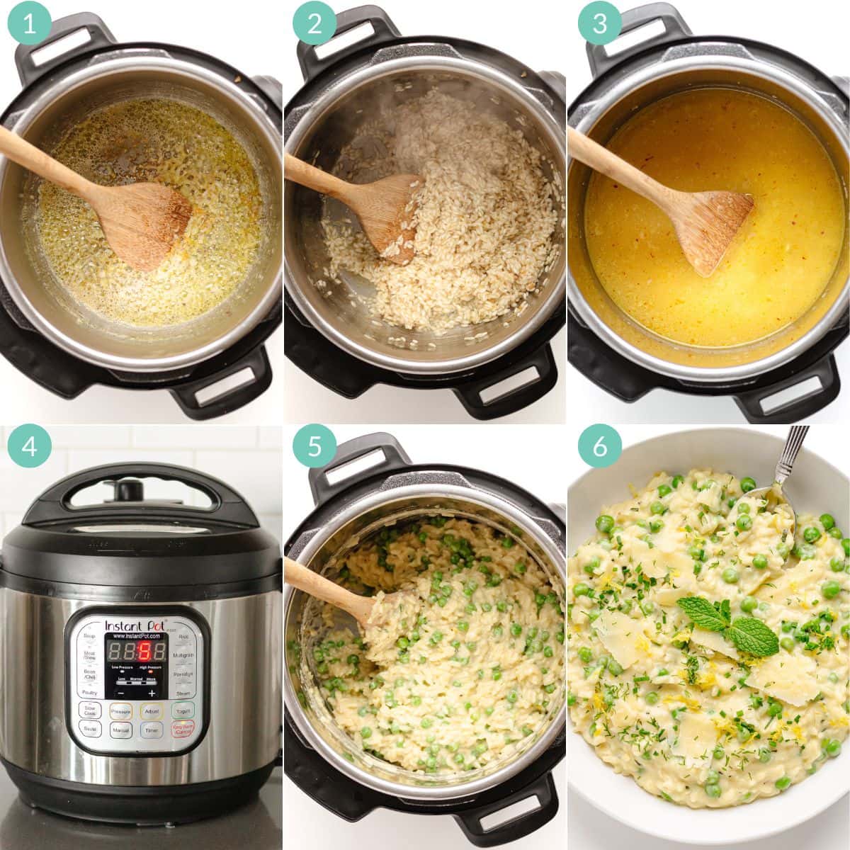 Numbered photo collage showing how to make pea risotto in the Instant Pot.