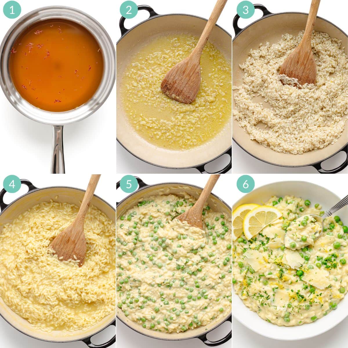 Numbered photo collage  showing how to make creamy pea risotto on the stovetop.