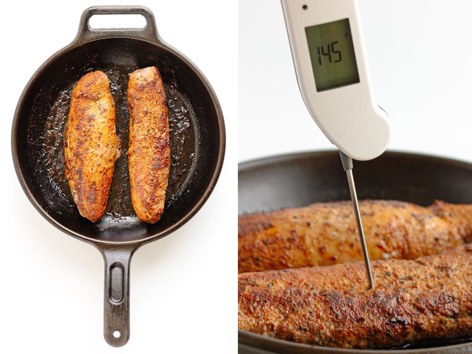 Photo collage showing roasted pork tenderloin in a cast iron skillet and a meat thermometer taking the internal temperature.