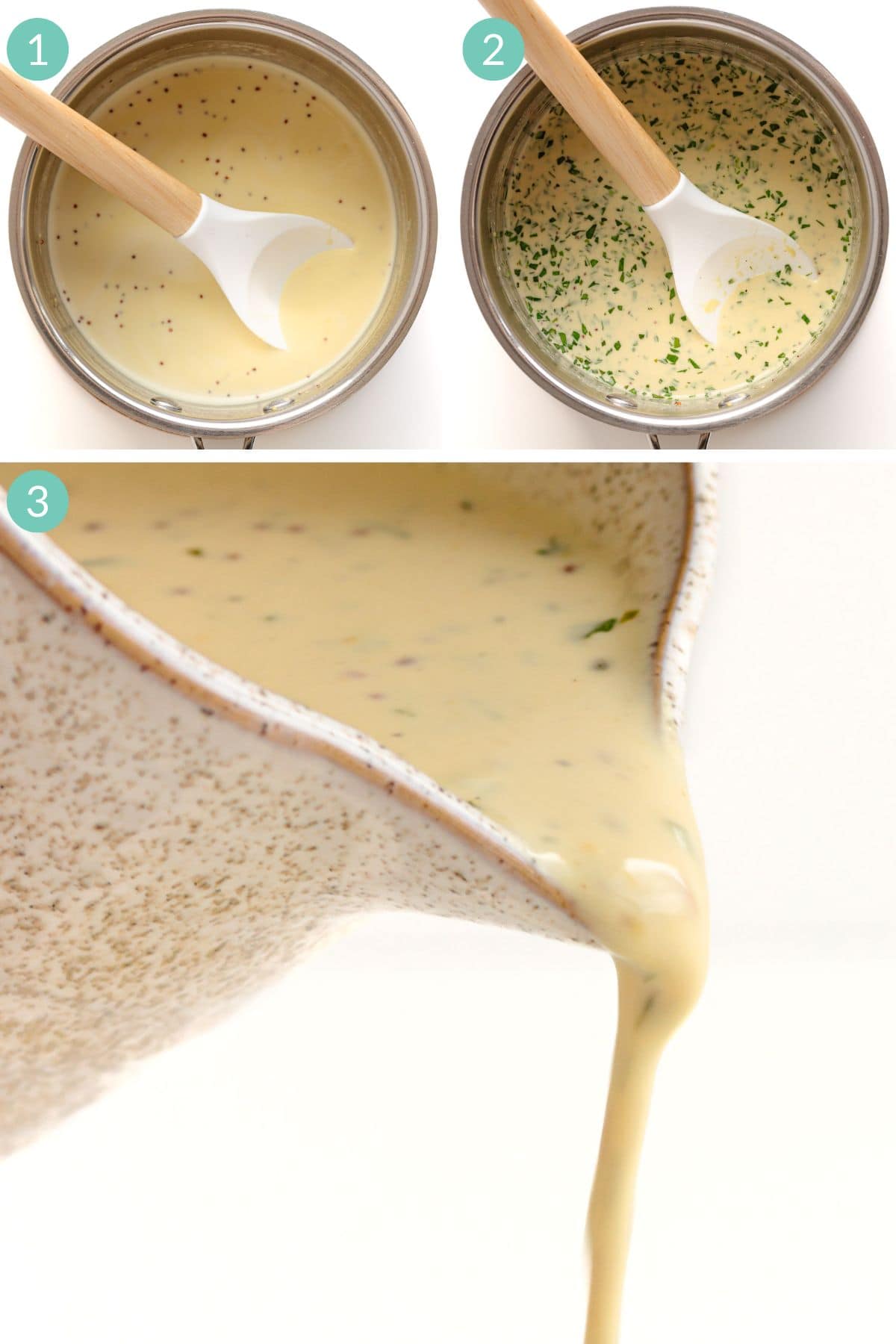 Numbered photo collage showing how to make Dijon Cream Sauce.