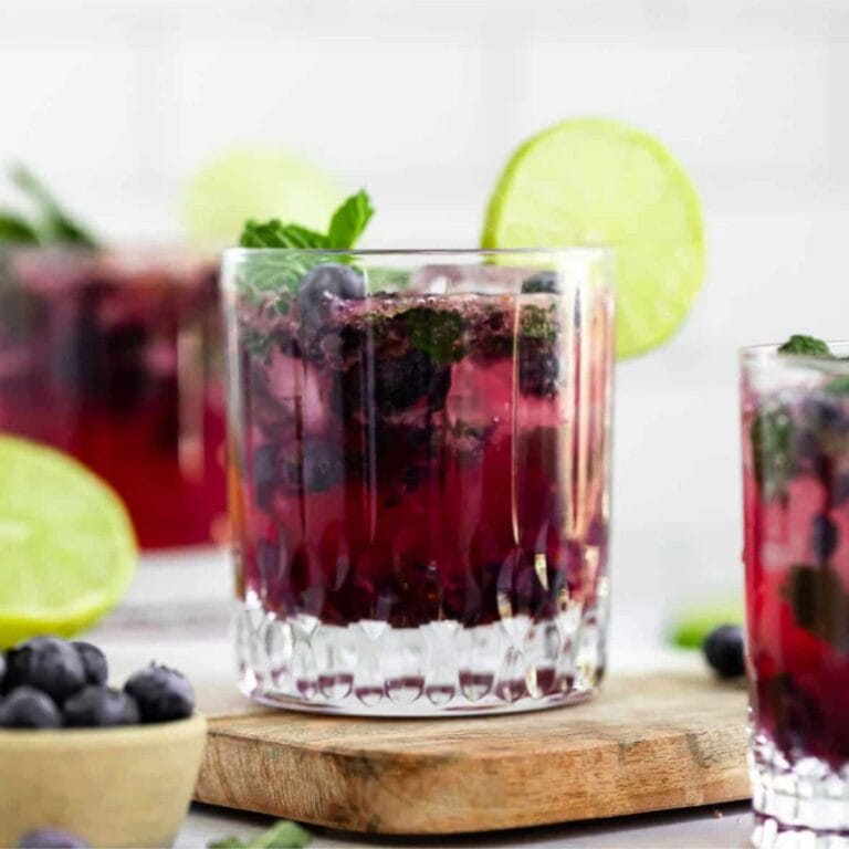 Blueberry mojito garnished with slice of lime, fresh blueberries and sprig of mint.