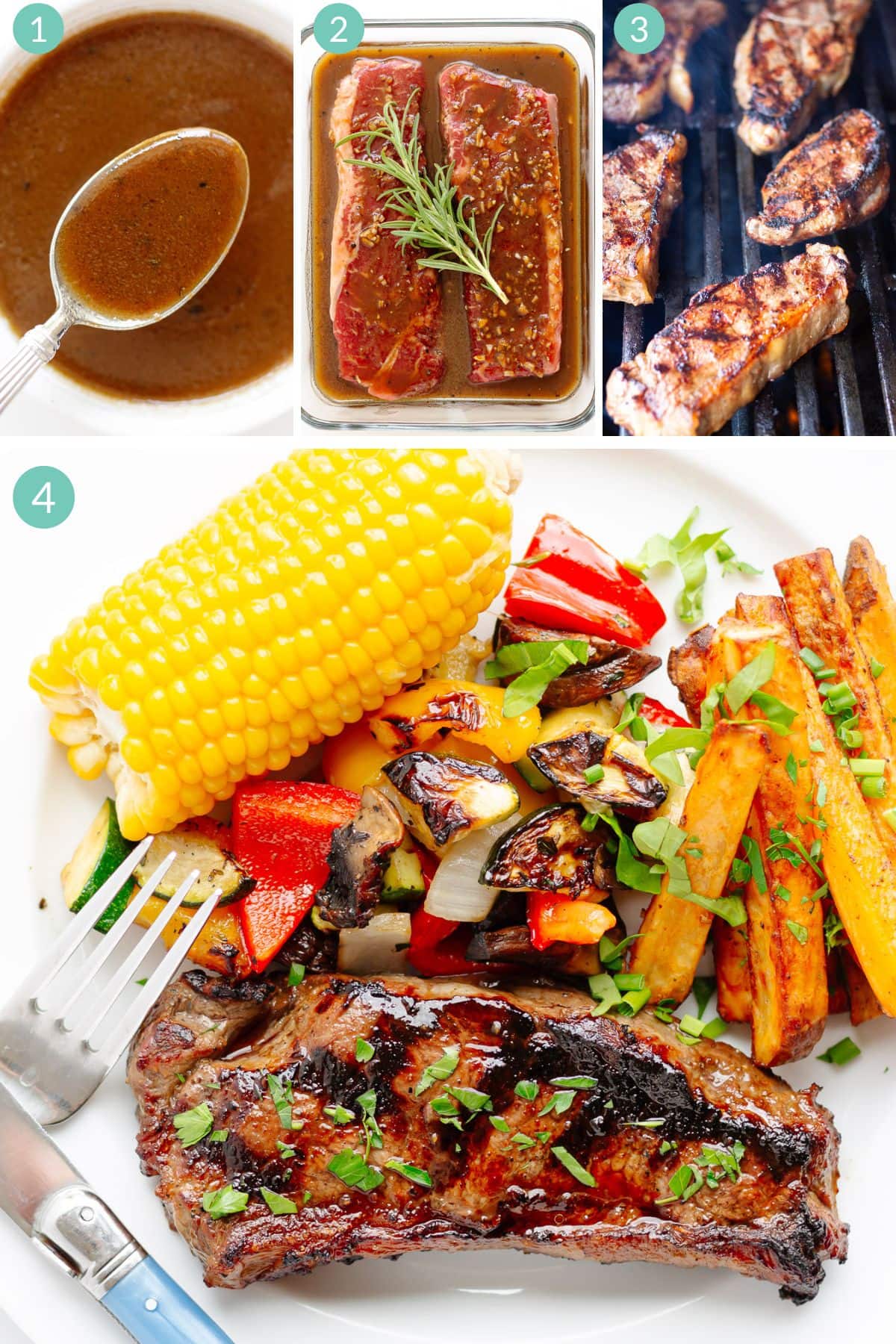 Numbered photo collage showing process of grilling marinated steaks.