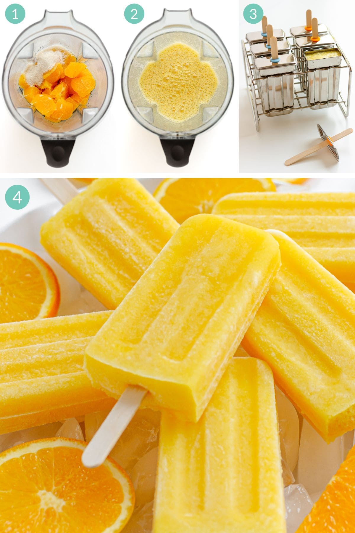 Numbered photo collage graphic showing how to make homemade orange popsicles.