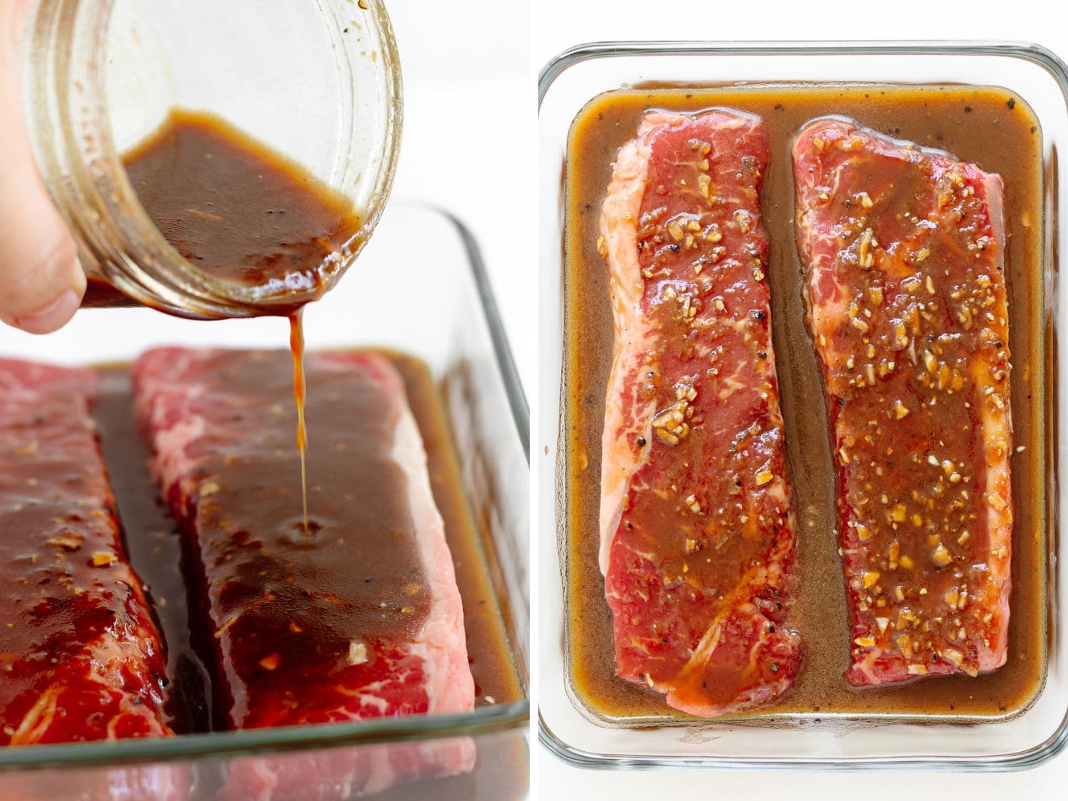 Photo collage showing steak marinade being poured over steaks in a glass dish and then overhead of those steaks marinating.