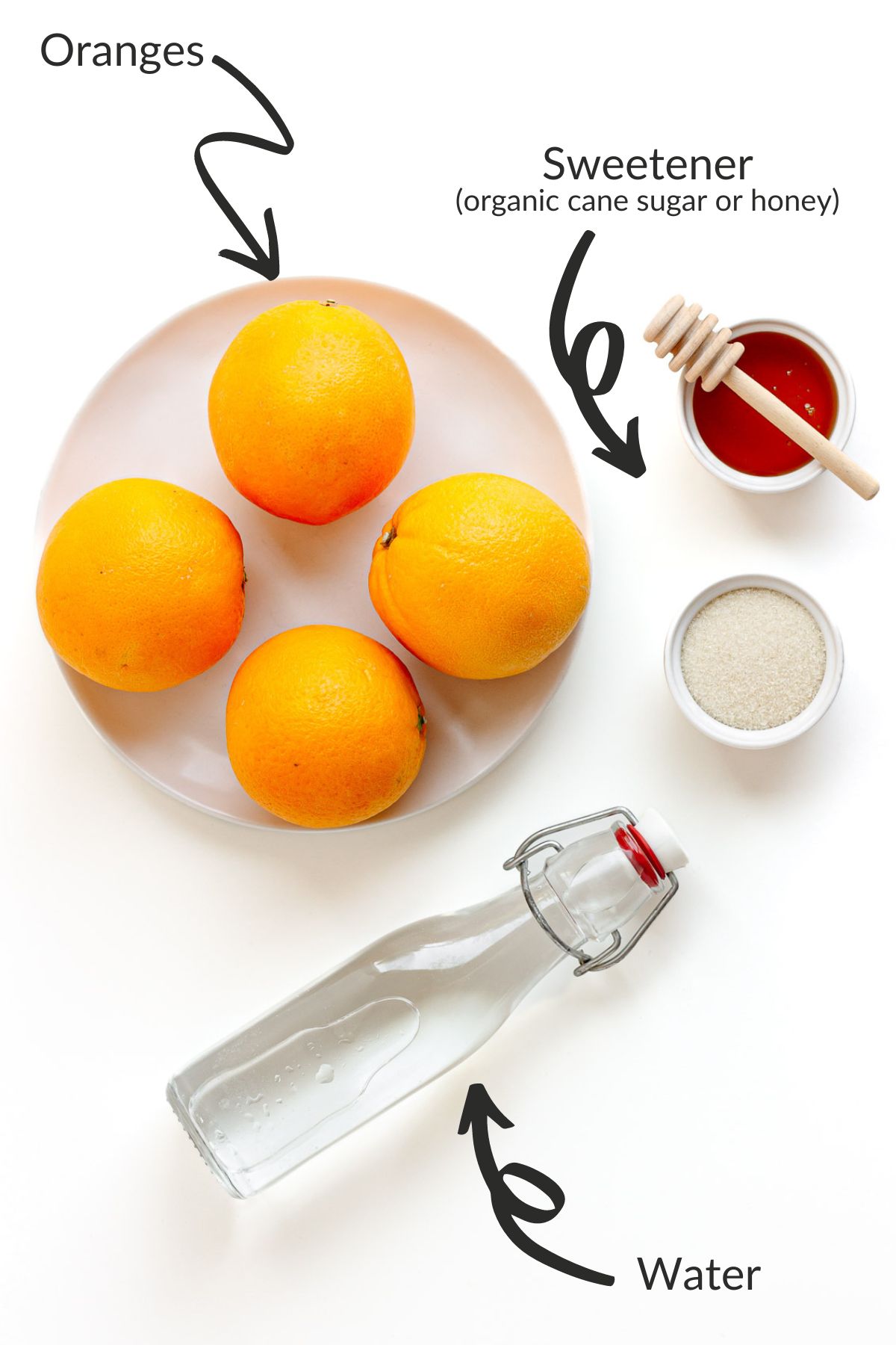 Labelled photo of ingredients needed to make homemade orange popsicles.
