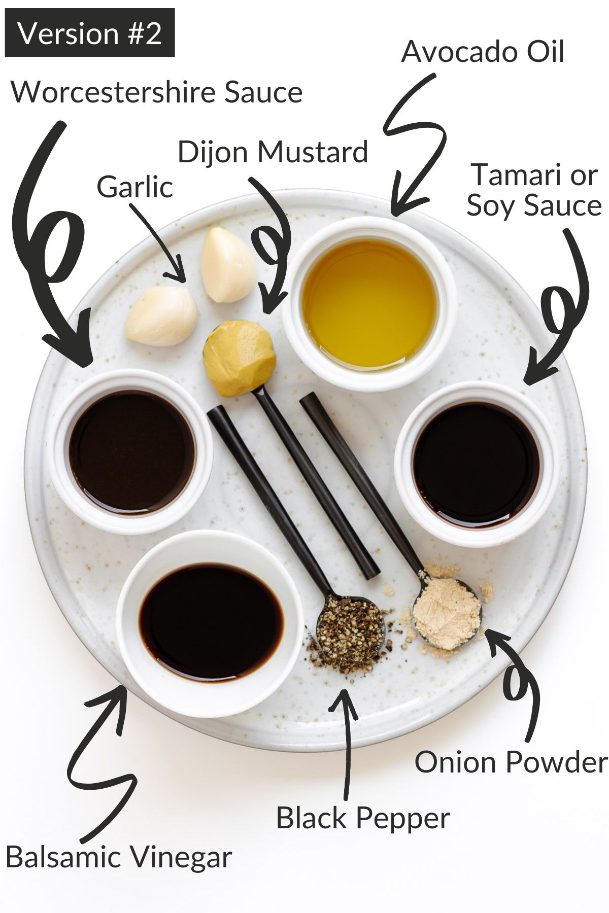 Labelled photo of ingredients needed to make version 2 of this steak marinade recipe.