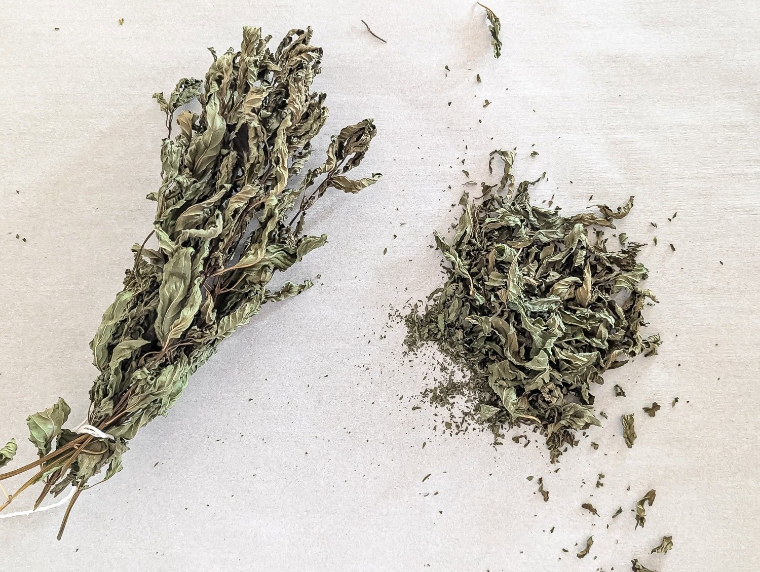 Dried leaves being removed from dried herb bundle.
