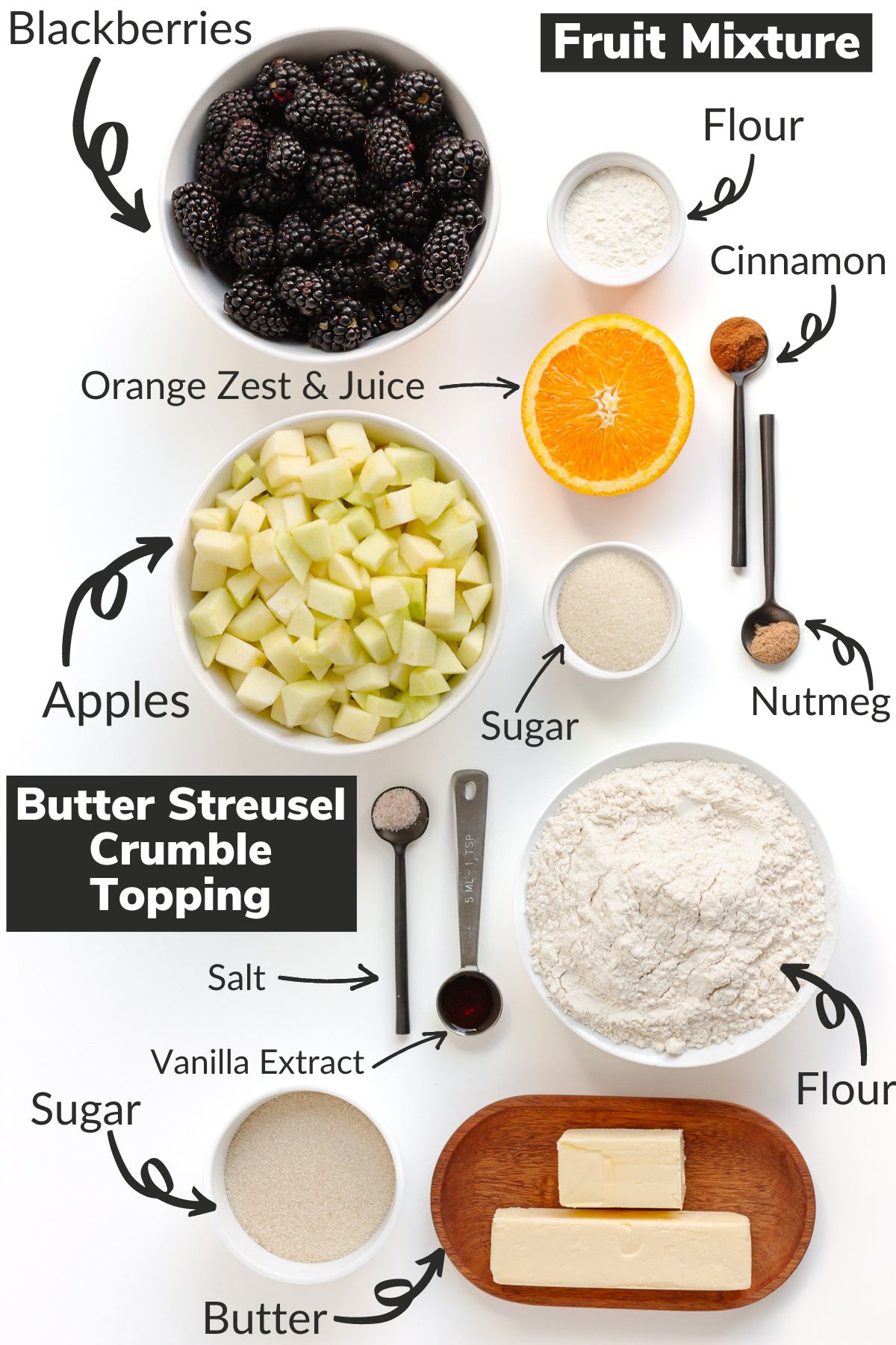 Labelled photo of ingredients needed to make apple blackberry crumble.