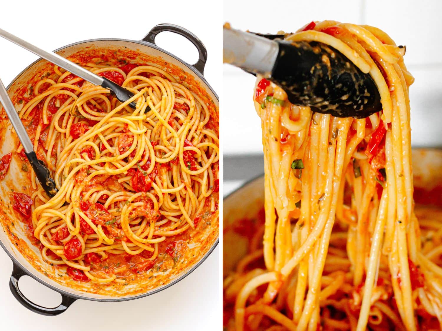Photo collage showing bucatini pasta being tossed with cherry tomato sauce.