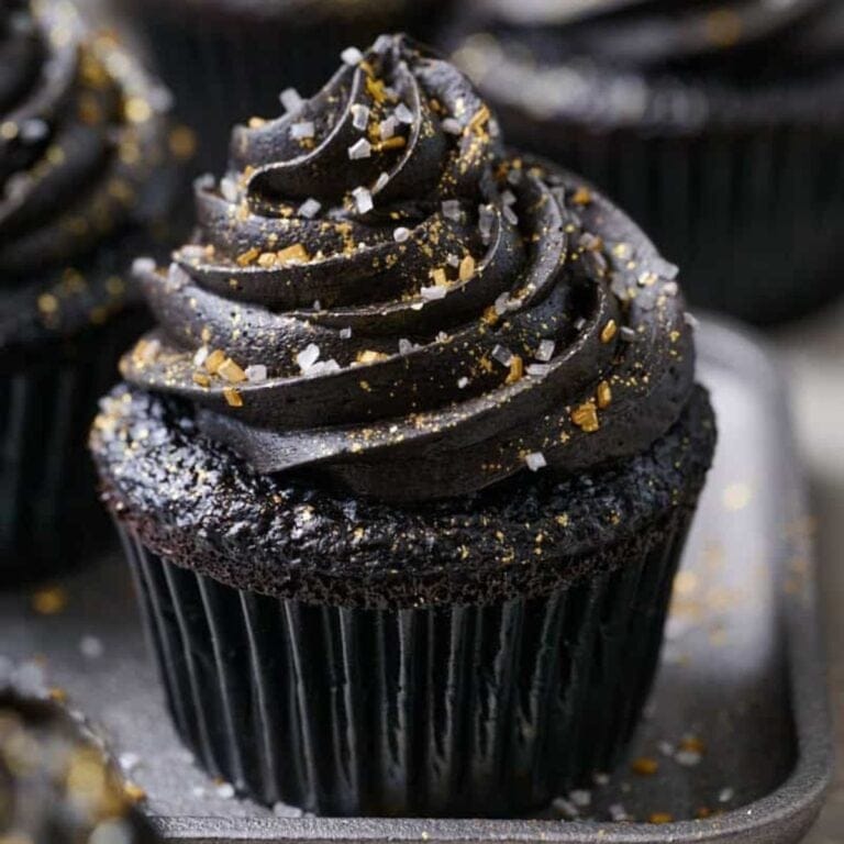 Black velvet cupcake with black chocolate frosting.