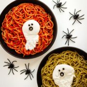 Pinterest graphic for Halloween Pasta with Burrata Ghosts.