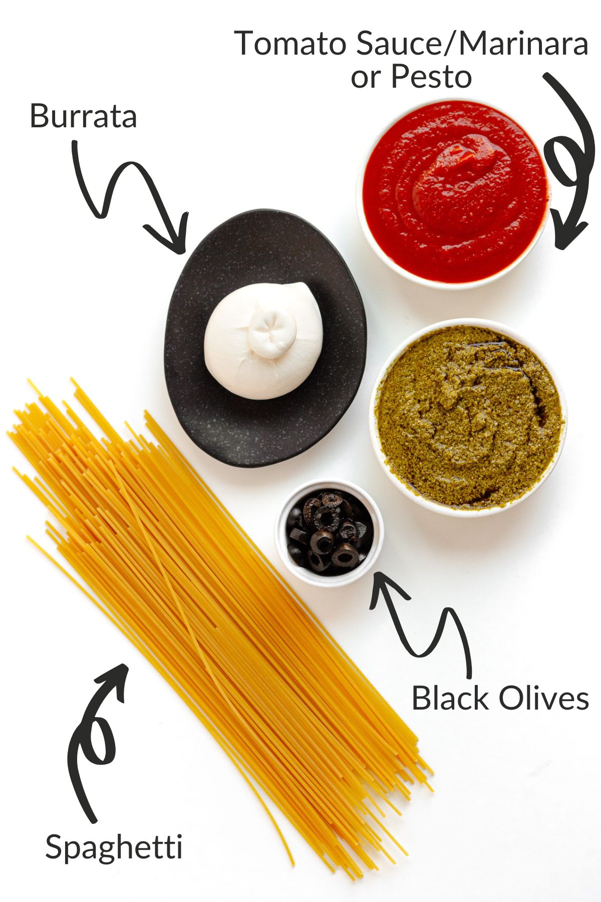 Labelled photo of ingredients needed to make Halloween spaghetti with burrata ghost.