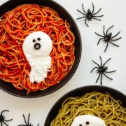 Pinterest graphic for Halloween Spaghetti with Burrata Ghosts.
