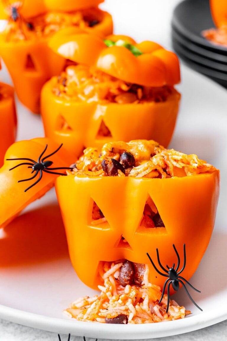 Halloween stuffed peppers that look like jack-o'-lanterns.
