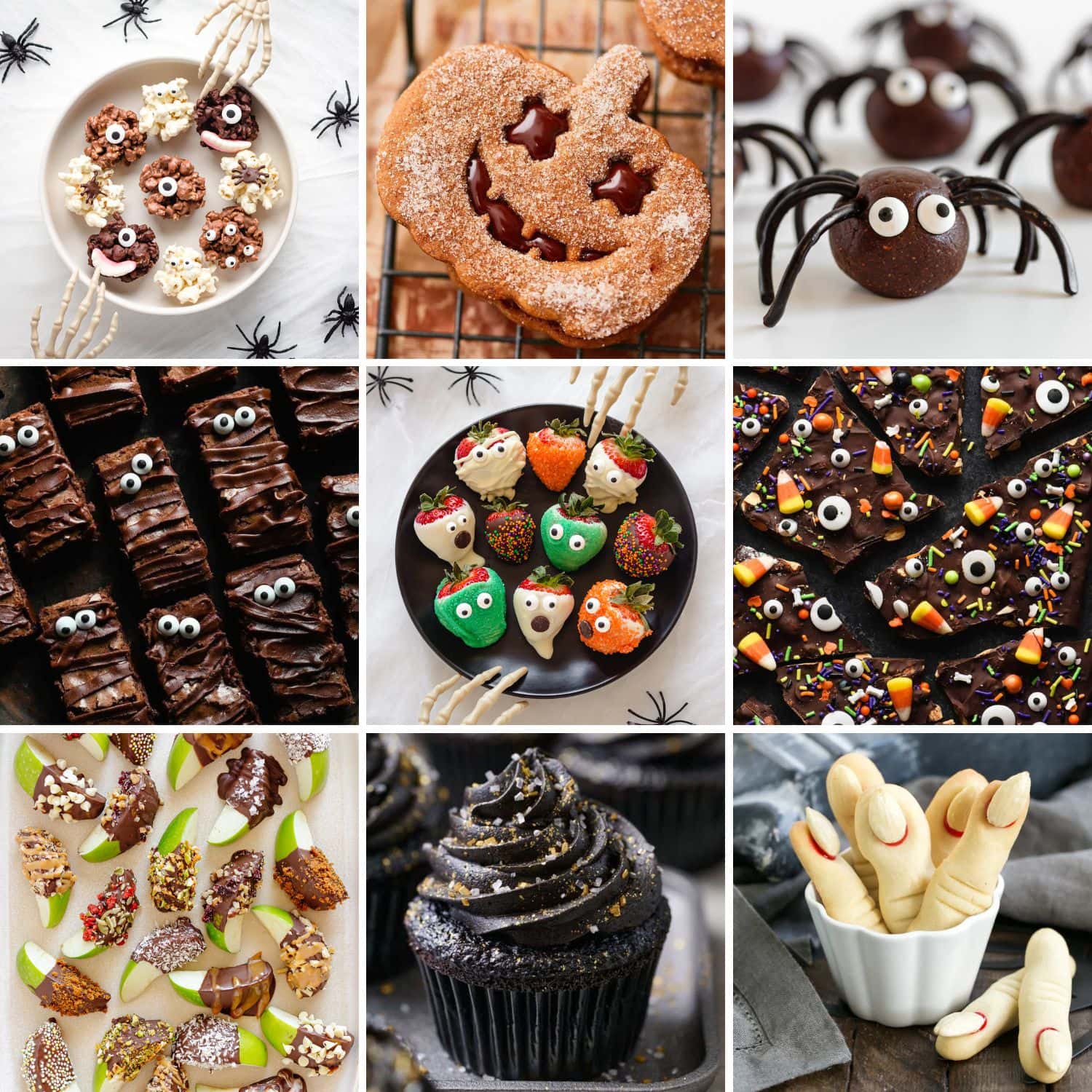 Photo collage of a variety of Halloween treats and desserts.