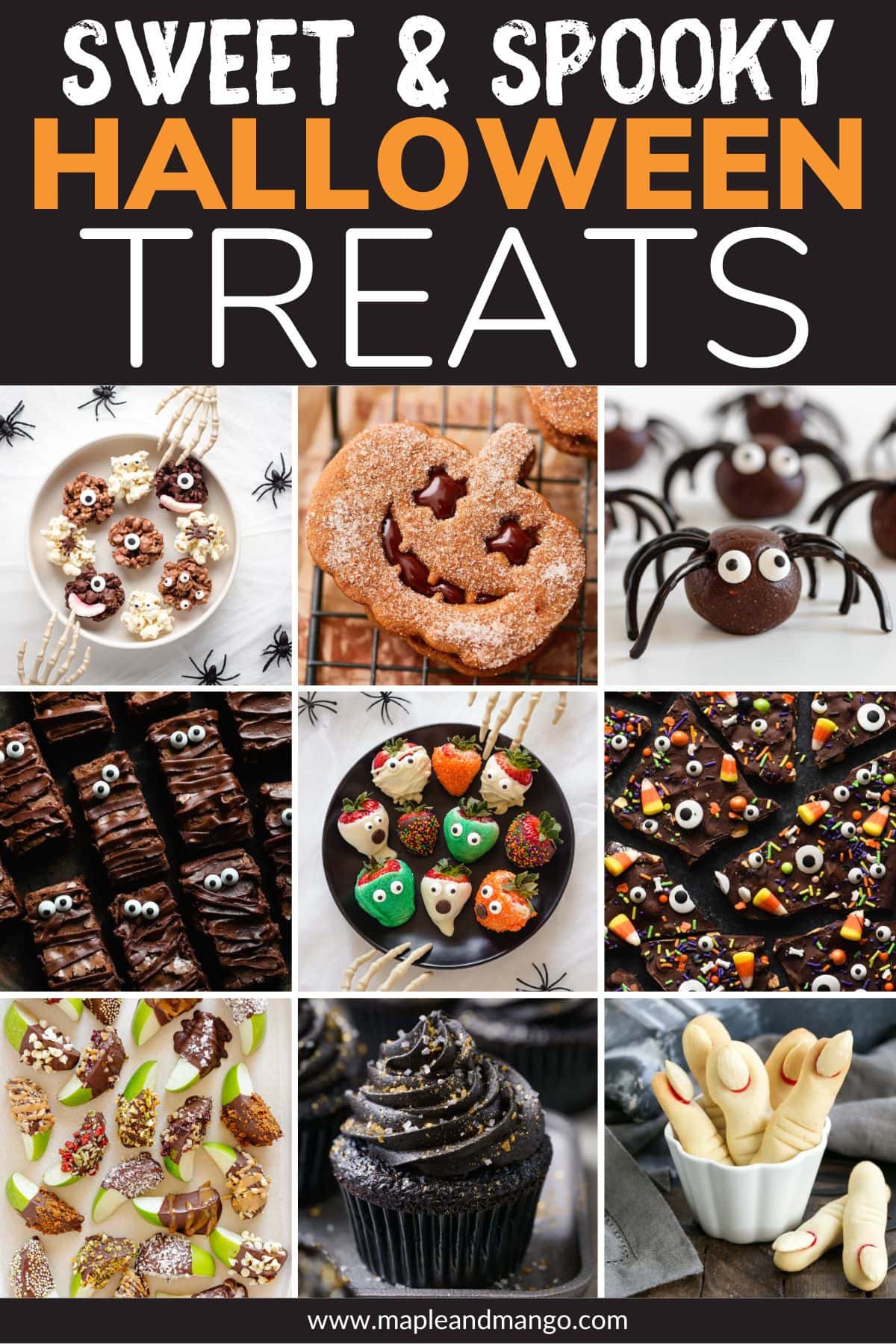 Photo collage graphic of Halloween treats and desserts with text overlay that reads "Sweet & Spooky Halloween Treats".